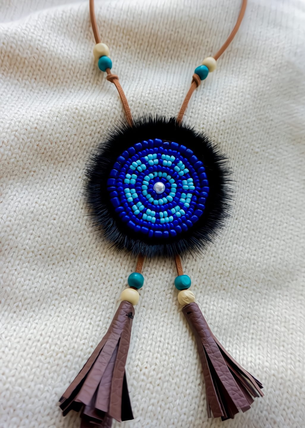 Twoside Ewenki Sunflower Necklace – Handcrafted Mink Fur Pendant