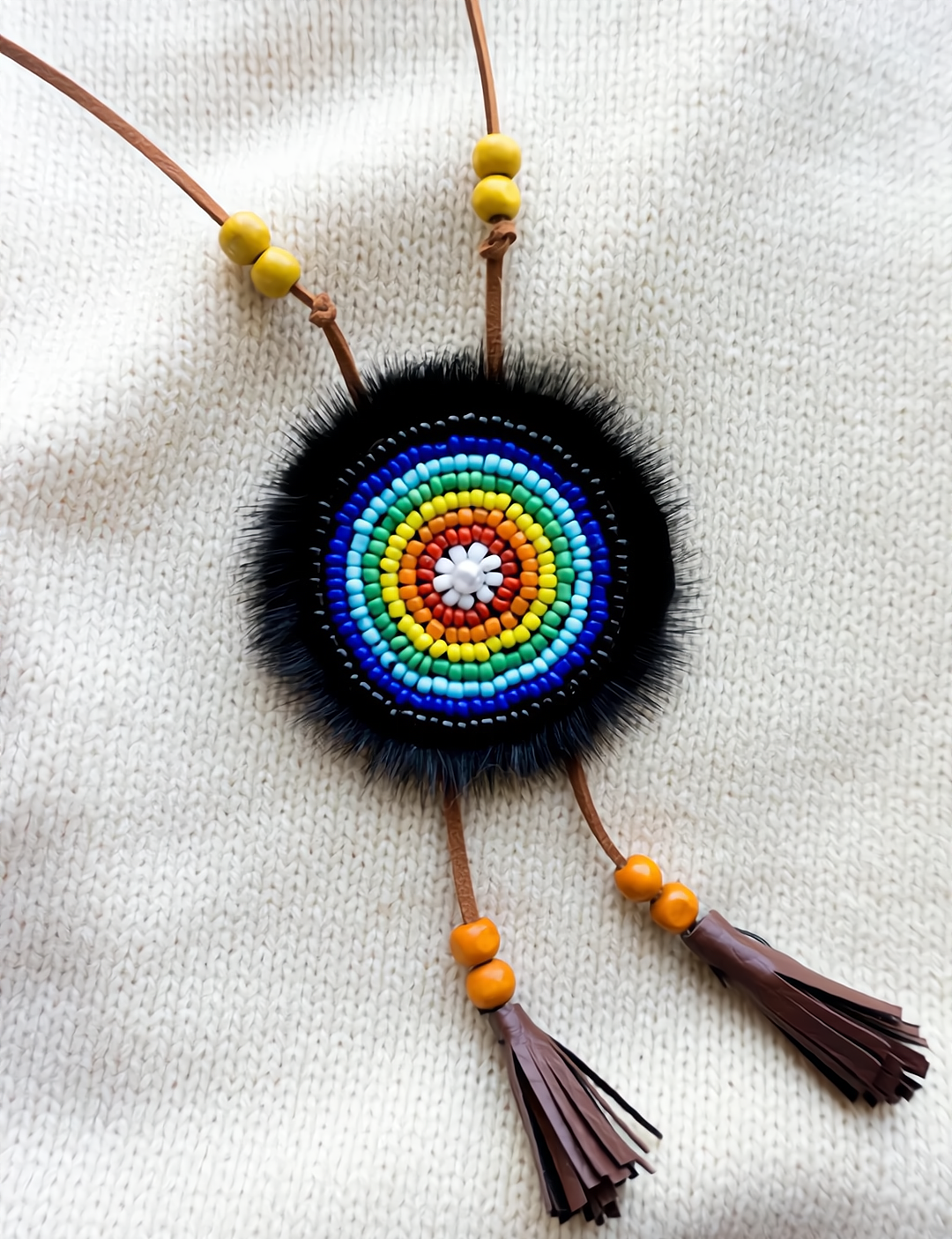 Twoside Ewenki Sunflower Necklace – Handcrafted Mink Fur Pendant
