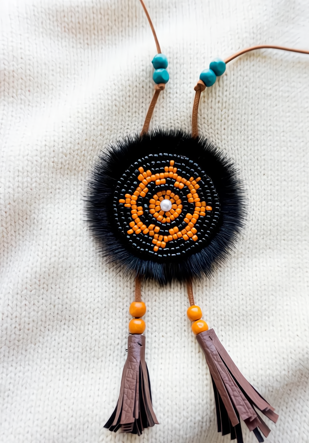 Twoside Ewenki Sunflower Necklace – Handcrafted Mink Fur Pendant