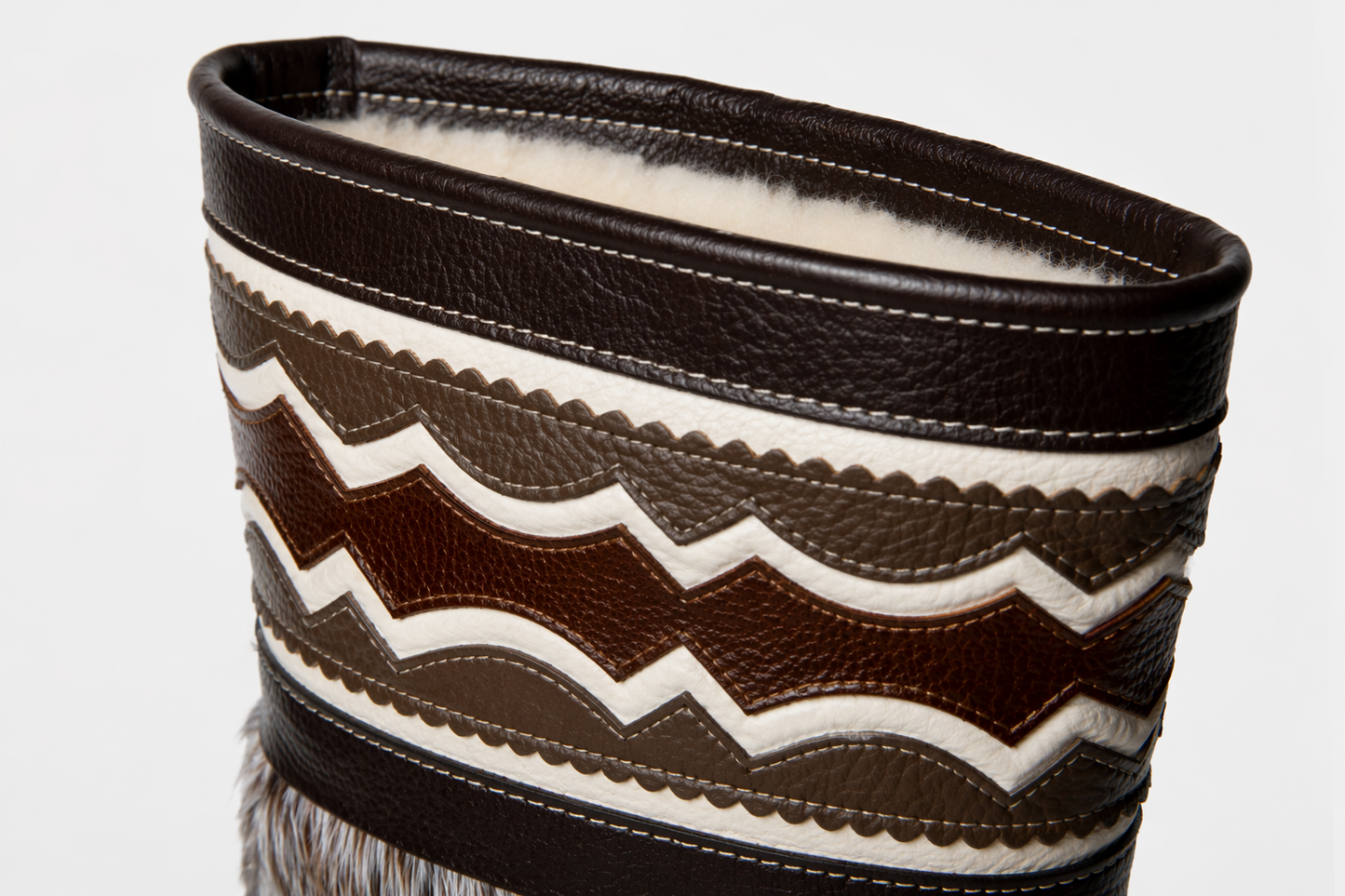 MOGSki brown leather winter boot with natural cream fur detailing, handcrafted luxury Mongolian footwear artisan made