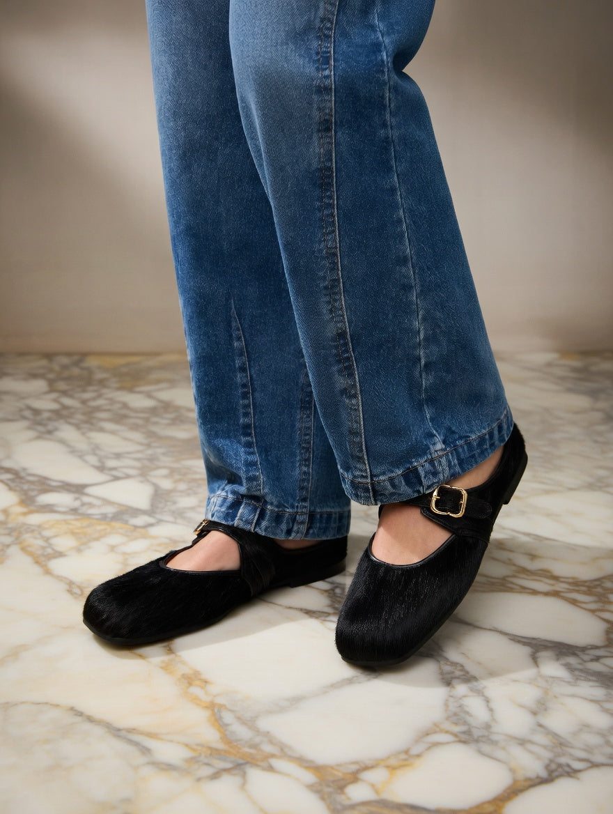 MOGSki NOIR BLACK MARY JANE CALF HAIR FLAT
