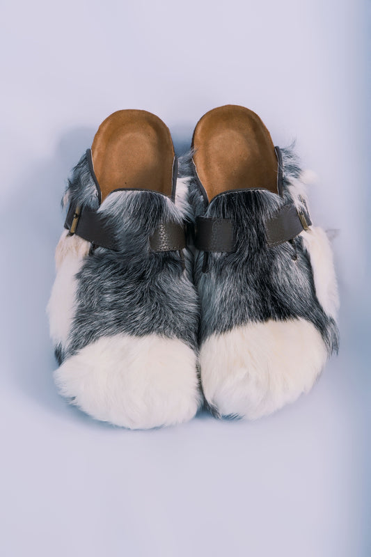 MOGSki natural cowhide fur clogs front view on clean background, luxury handcrafted genuine hide footwear from Inner Mongolia