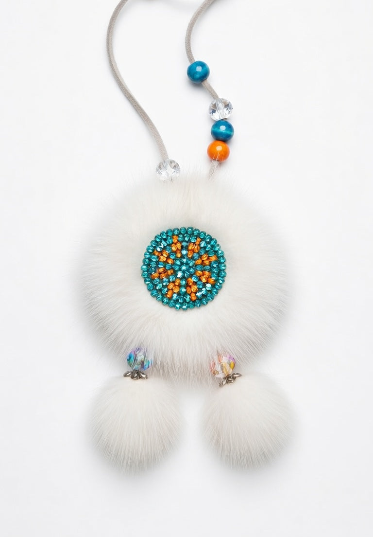 MOGSki natural mink fur pendant with green jade-style center stone, handcrafted luxury jewelry from Inner Mongolia