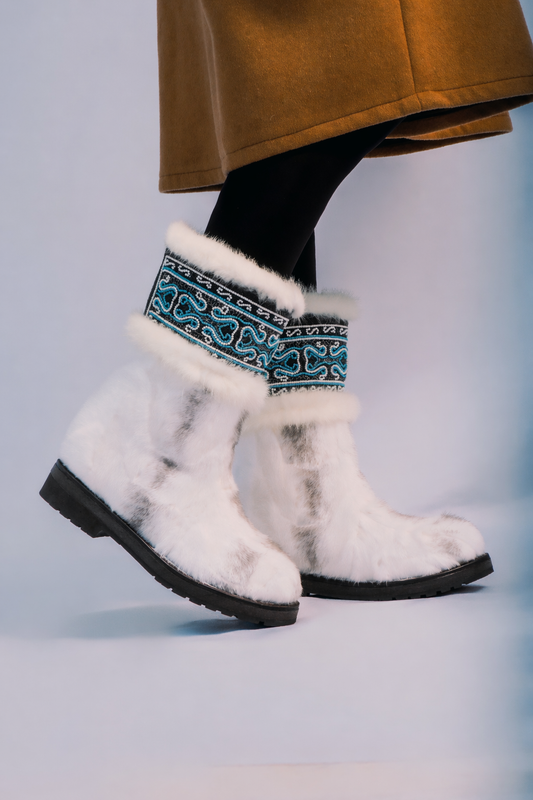 MOGSki white mink fur boots with hand-embroidered Mongolian pattern cuff, luxury handcrafted winter footwear artisan made