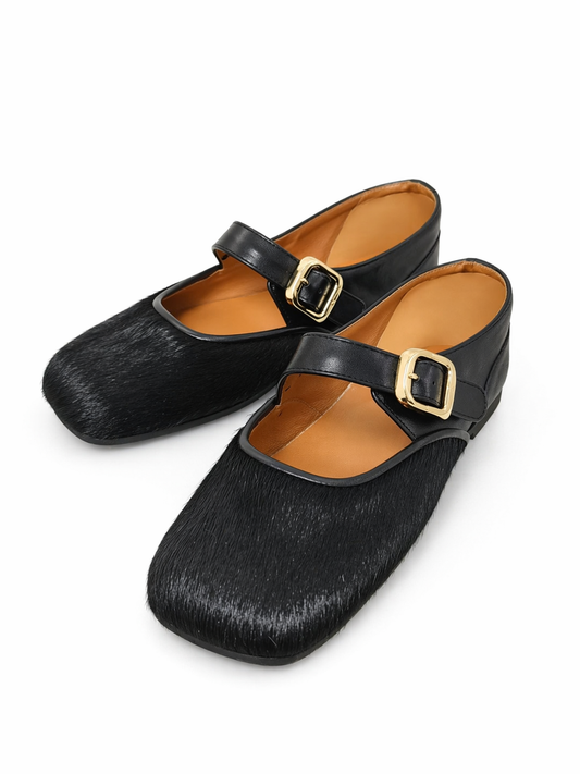 MOGSki NOIR BLACK MARY JANE CALF HAIR FLAT