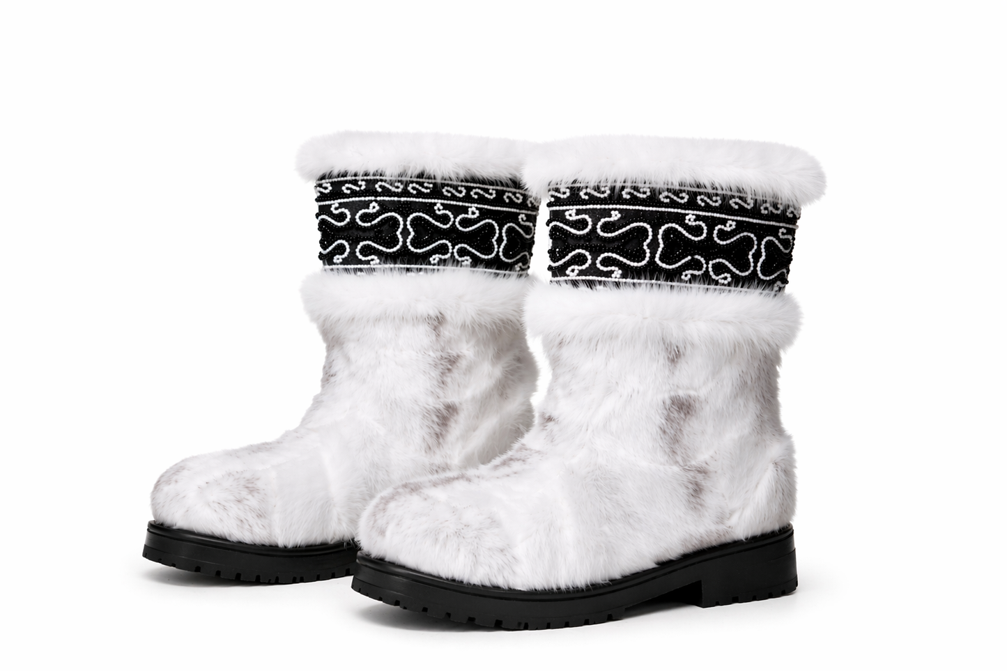 MOGSki cozy white mink fur boots with hand-embroidered Mongolian cuff detail, luxury handcrafted natural fur winter footwear