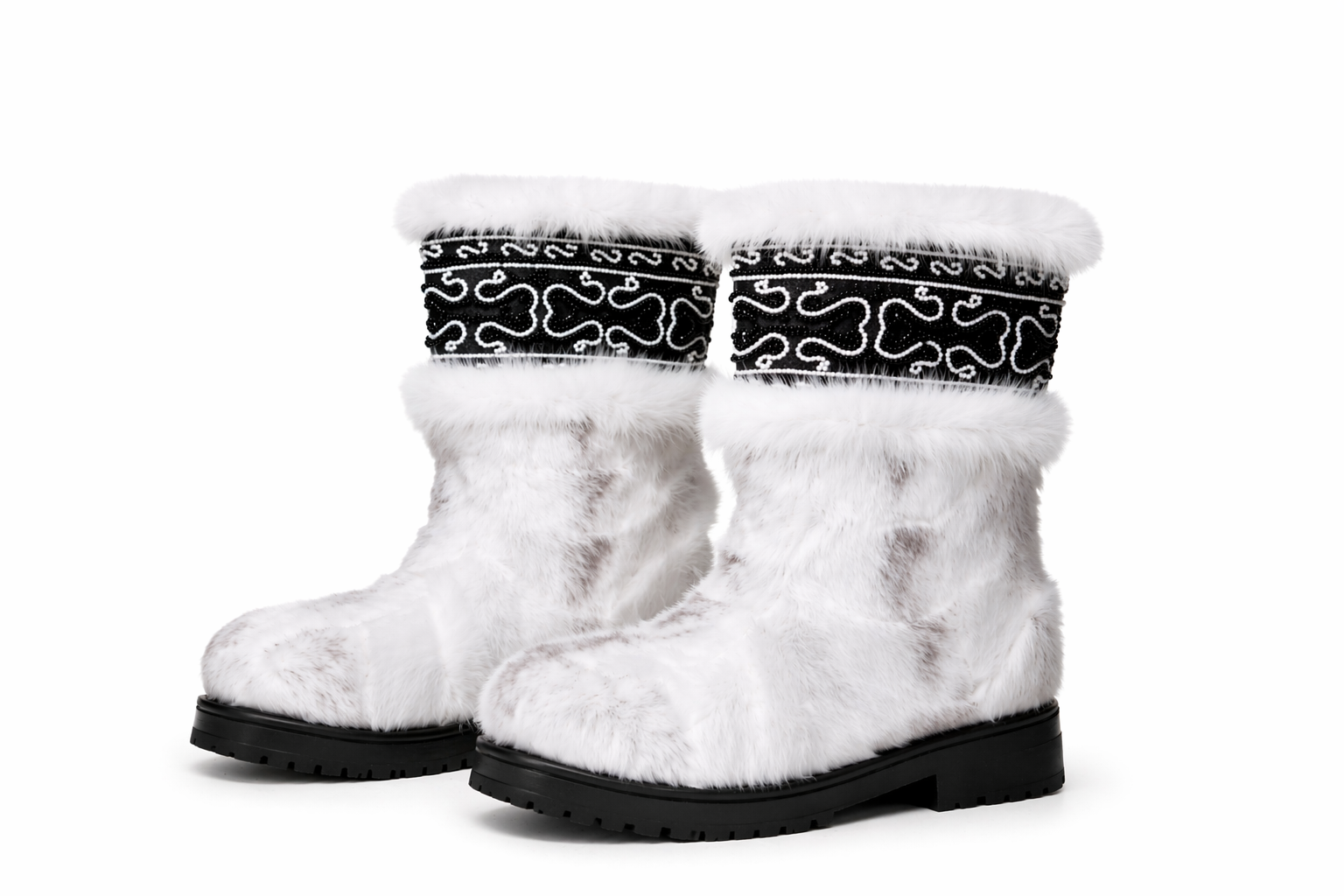 MOGSki cozy white mink fur boots with hand-embroidered Mongolian cuff detail, luxury handcrafted natural fur winter footwear
