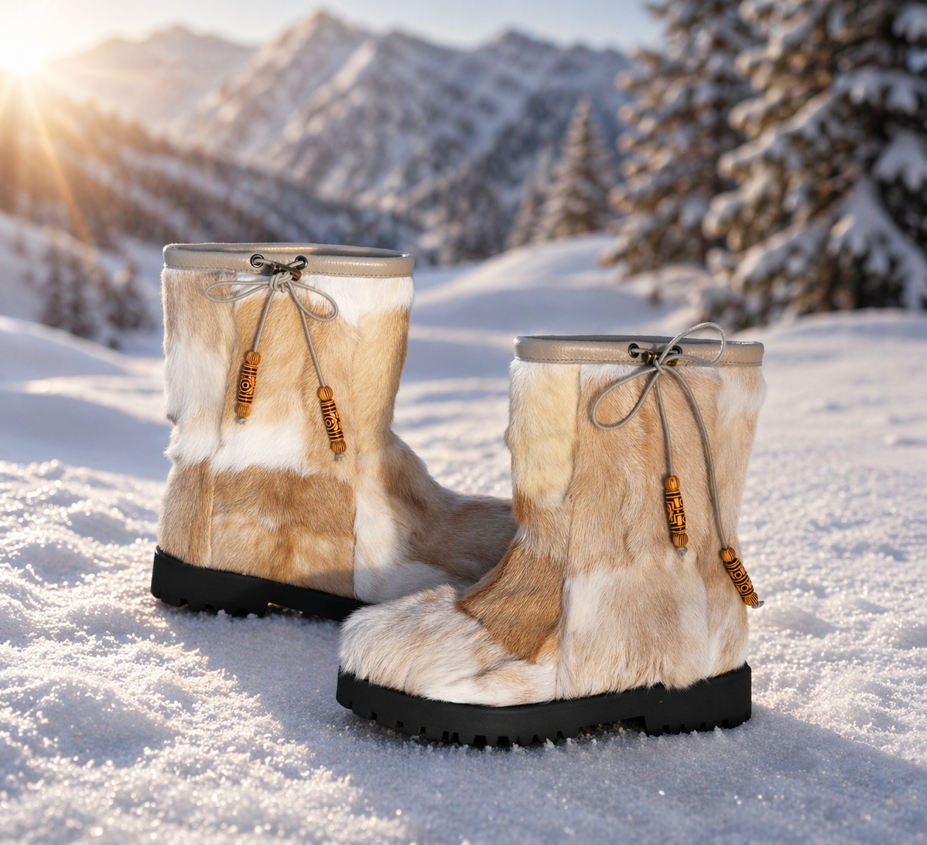 MOGSki cozy natural fur snow boots resting in fresh snow, handcrafted luxury winter footwear from Inner Mongolia
