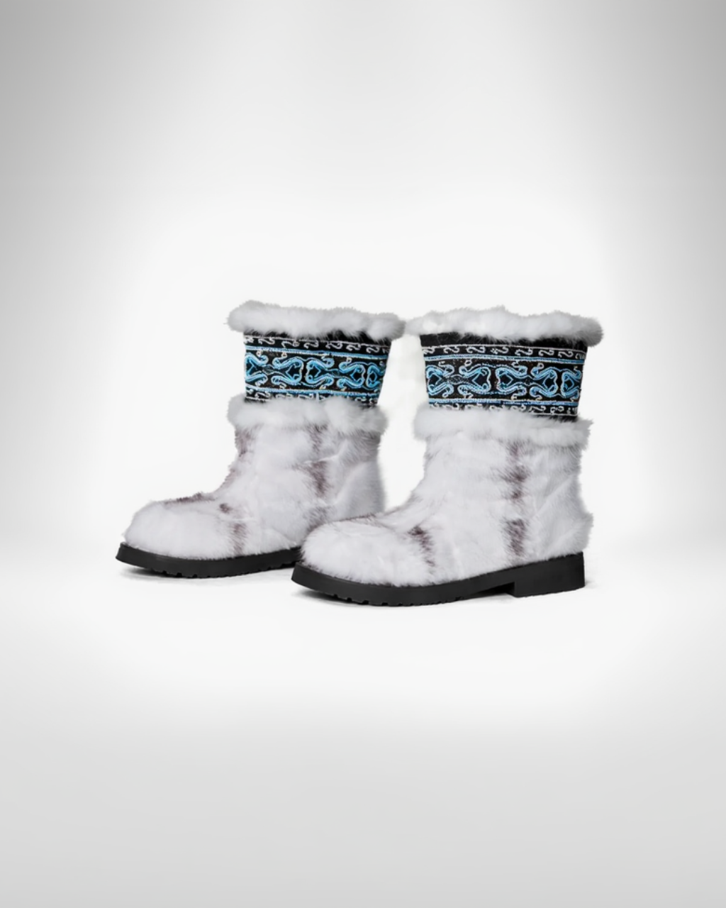 MOGSki fluffy white mink fur snow boots with beaded cuff, luxury handcrafted Mongolian winter footwear front view