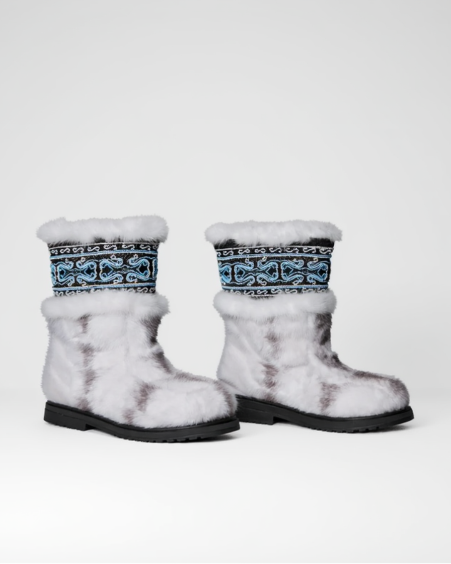 MOGSki handcrafted mink fur winter boots with traditional beaded embellishment, luxury natural fur footwear Mongolia
