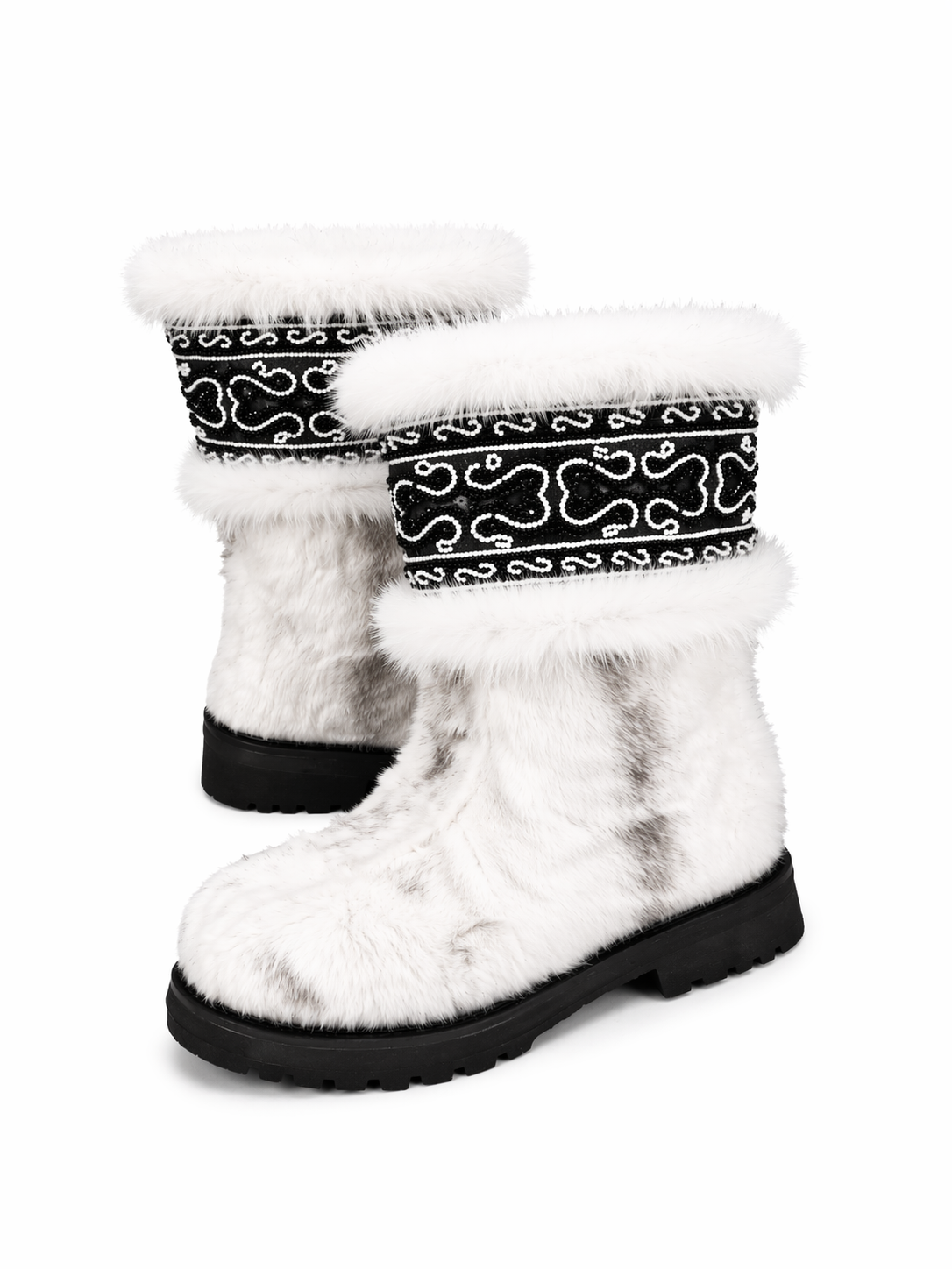 MOGSki white mink fur boots with hand-embroidered trim, artisan luxury winter footwear handmade in Inner Mongolia