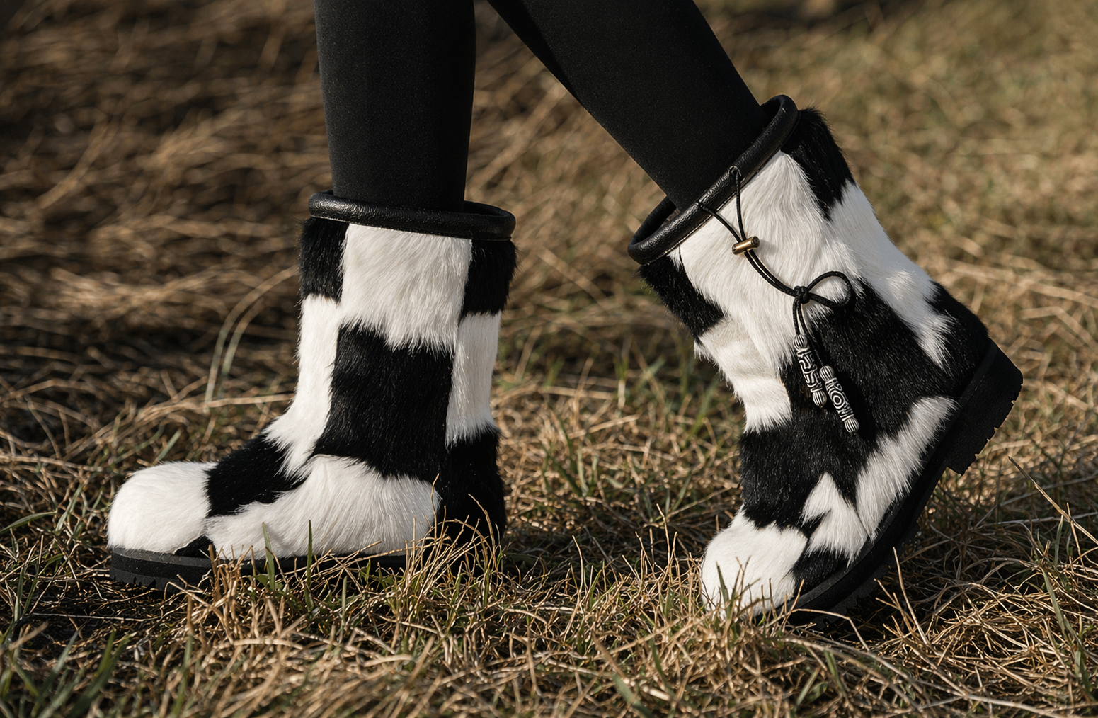 MOGSki natural fur winter boots on grass, genuine sheepskin luxury footwear handmade by Mongolian artisan women