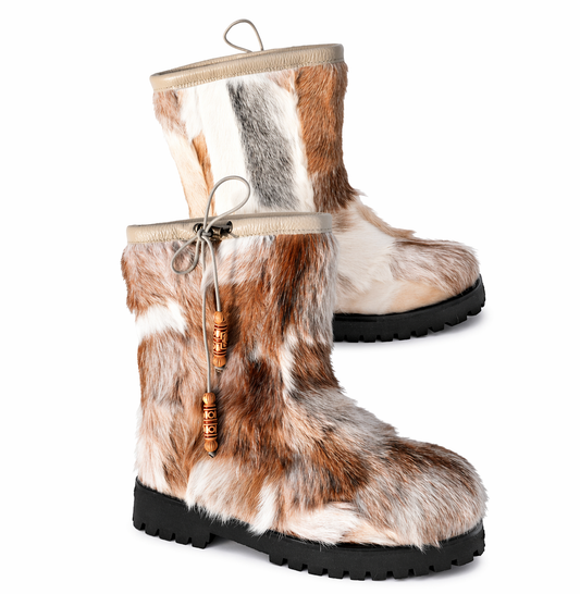 MOGSki handcrafted fur boots with artisan beaded detail, natural hide luxury winter footwear, made in Inner Mongolia