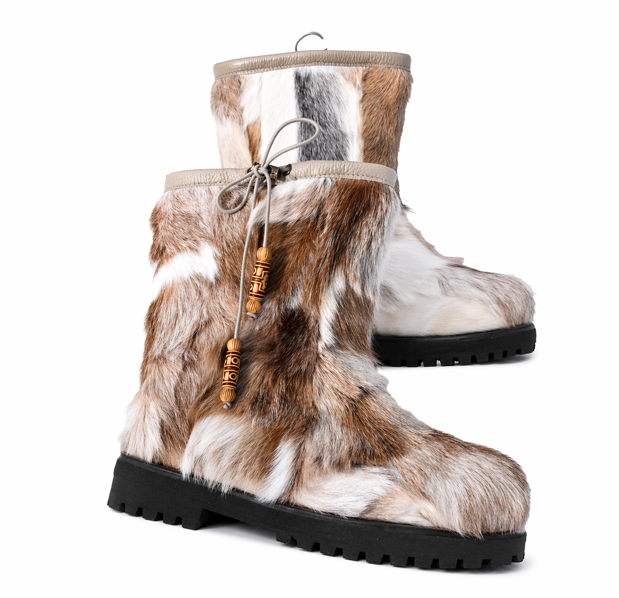 MOGSki handcrafted fur winter boots with traditional Mongolian decorative cord detail, natural hide luxury footwear
