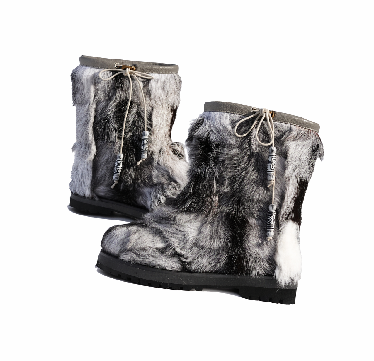 MOGSki natural fur winter moccasin boots with traditional Mongolian decorative drawcords, handcrafted luxury footwear