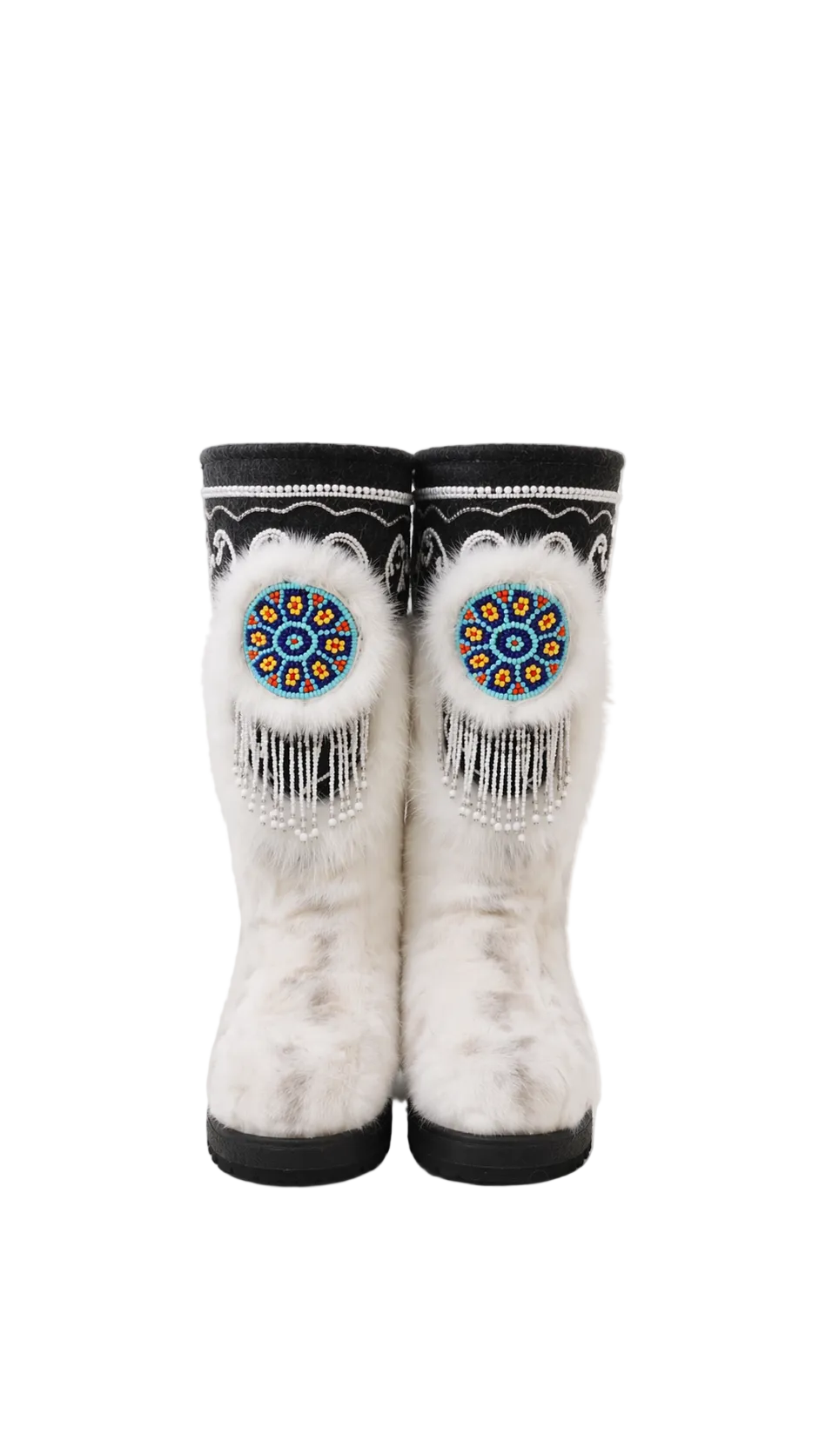 MOGSki white mink fur boots with artisan hand-beaded detail front view, natural undyed fur luxury winter footwear Mongolia