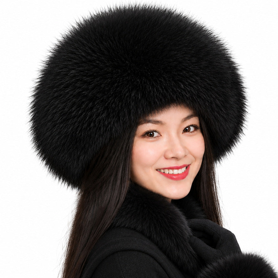 MOGSki Imperial Crown Noir winter fur hat, black oversized crown with extended ear flaps on a white background