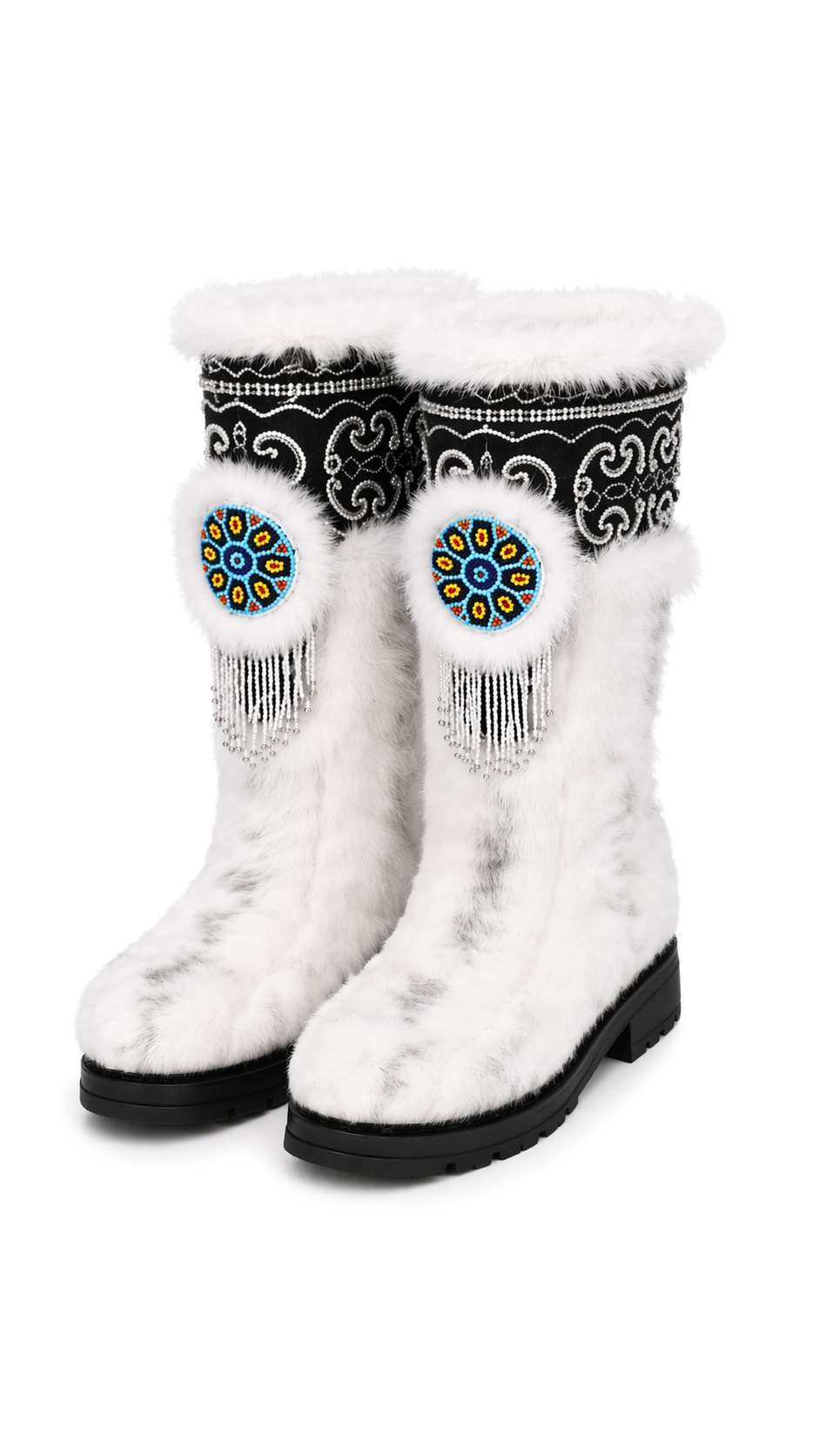 MOGSki stylish white mink fur winter boots product view, natural undyed fur luxury handcrafted Mongolian footwear