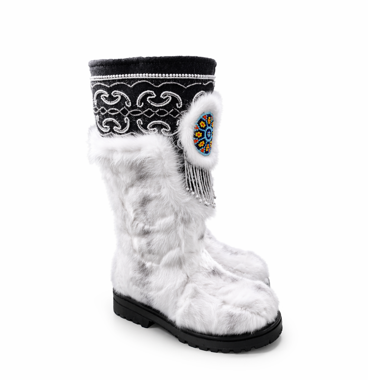 MOGSki traditional Mongolian winter boots with artisan hand-beaded detail, natural mink fur luxury handcrafted footwear