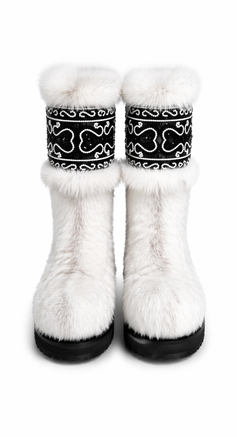 MOGSki white natural mink fur boots showing intricate artisan beadwork detail, luxury handcrafted winter footwear Mongolia