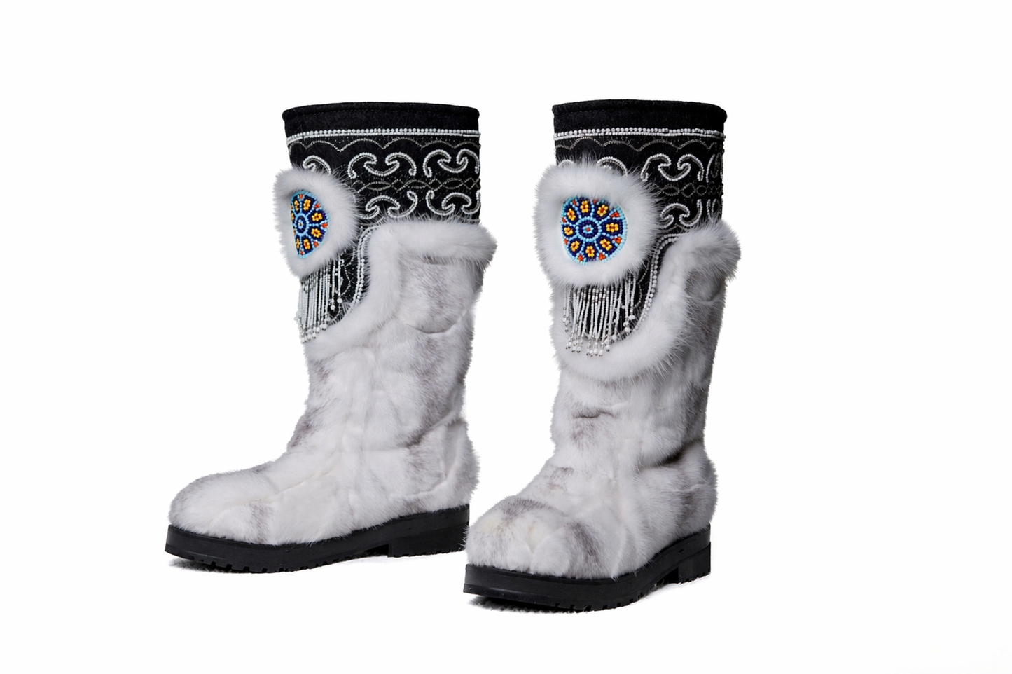 MOGSki white mink fur boots with Mongolian decorative trim, natural undyed fur luxury handcrafted winter footwear pair