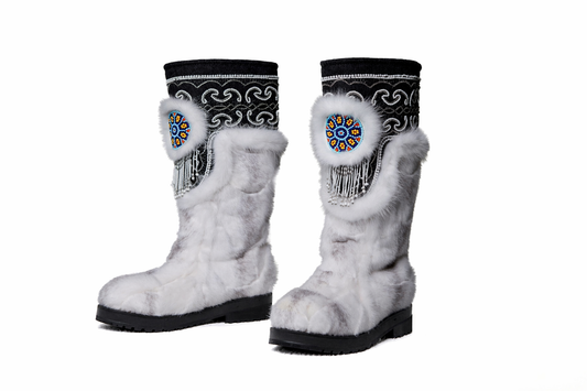 MOGSki white mink fur boots with Mongolian decorative trim, natural undyed fur luxury handcrafted winter footwear pair