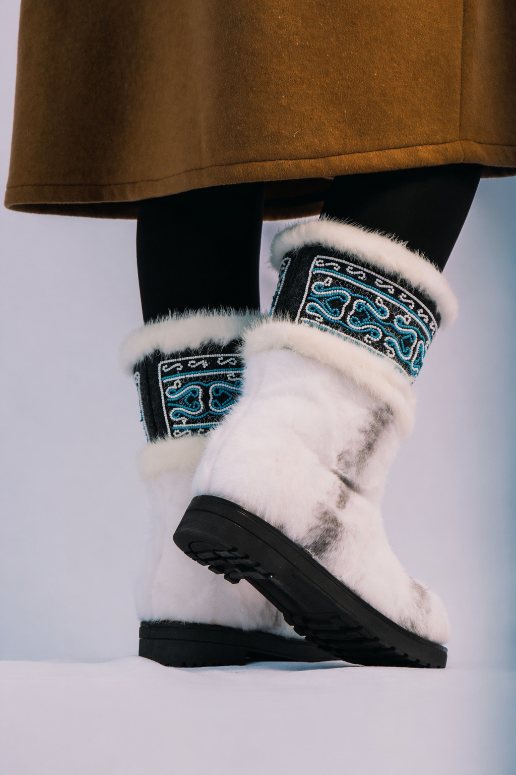 MOGSki white mink fur boots with artisan hand-embroidered Mongolian detail, luxury winter footwear Inner Mongolia
