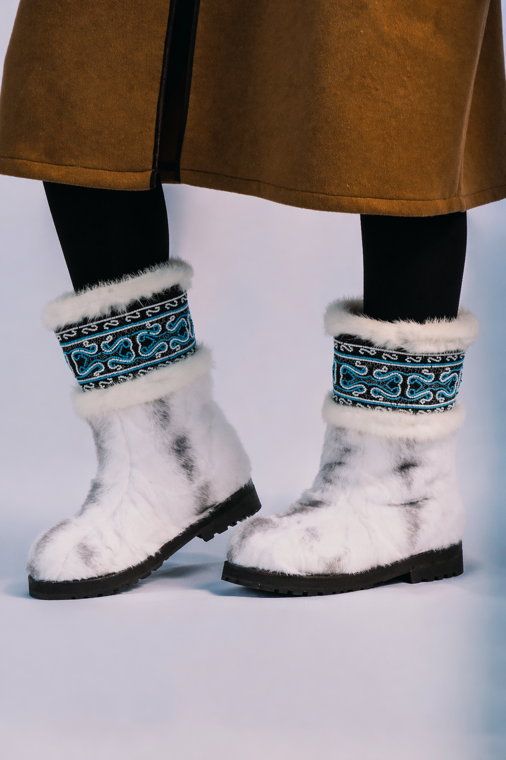 MOGSki white mink fur snow boots with traditional Mongolian ethnic trim detail, handcrafted luxury winter footwear