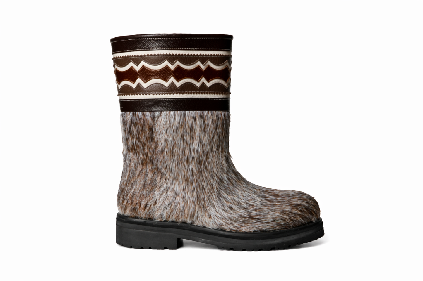 MOGSki natural fur winter boot with refined leather trim detail, luxury handcrafted Mongolian footwear one of a kind