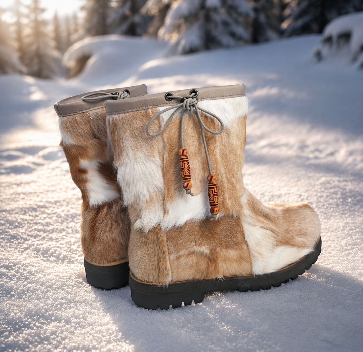 MOGSki genuine fur winter boots in snowy outdoor scene, natural undyed sheepskin luxury boots Inner Mongolia
