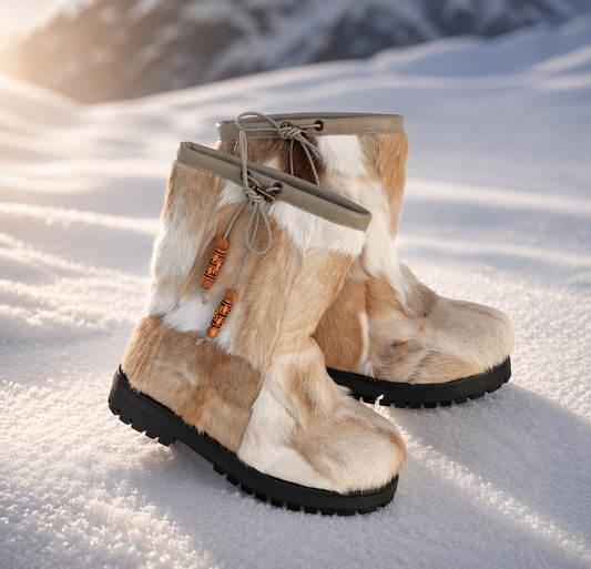 MOGSki natural sheepskin snow boots in serene winter snow setting, luxury handcrafted cold weather footwear Mongolia