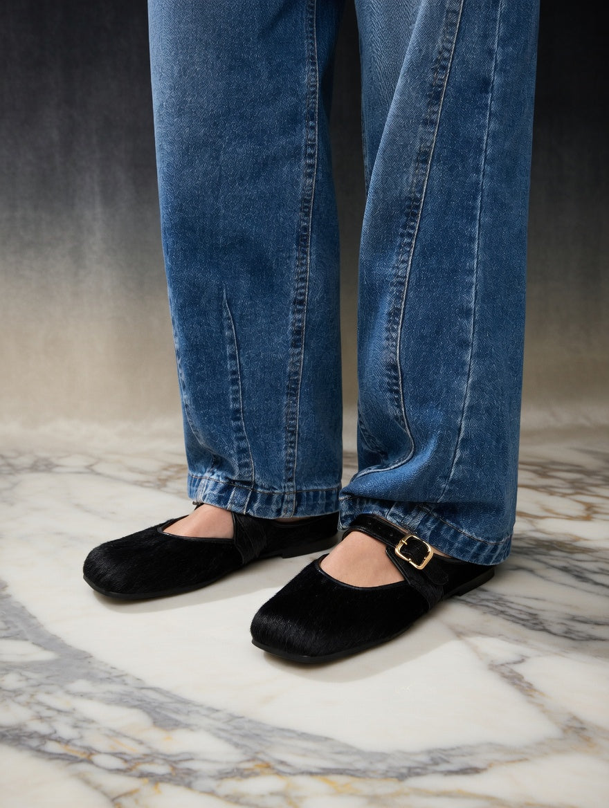 MOGSki NOIR BLACK MARY JANE CALF HAIR FLAT