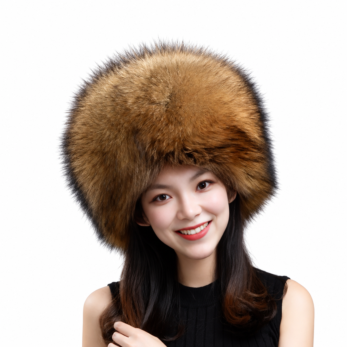Model wearing MOGSki Amber Fox Fur Round Crown Hat without tail on white background