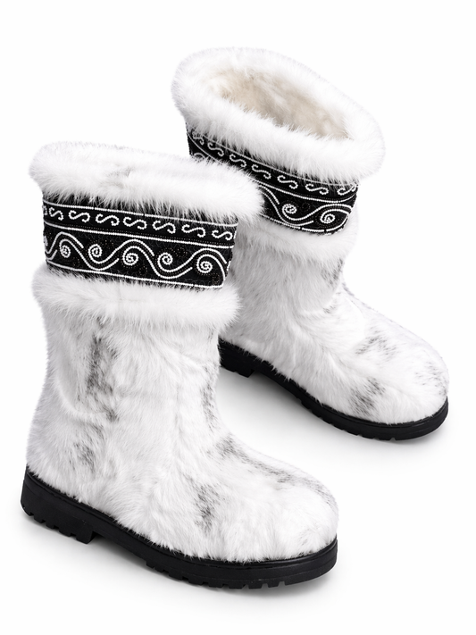 MOGSki plush white mink fur boots with hand-stitched decorative bands, luxury handcrafted Mongolian winter footwear