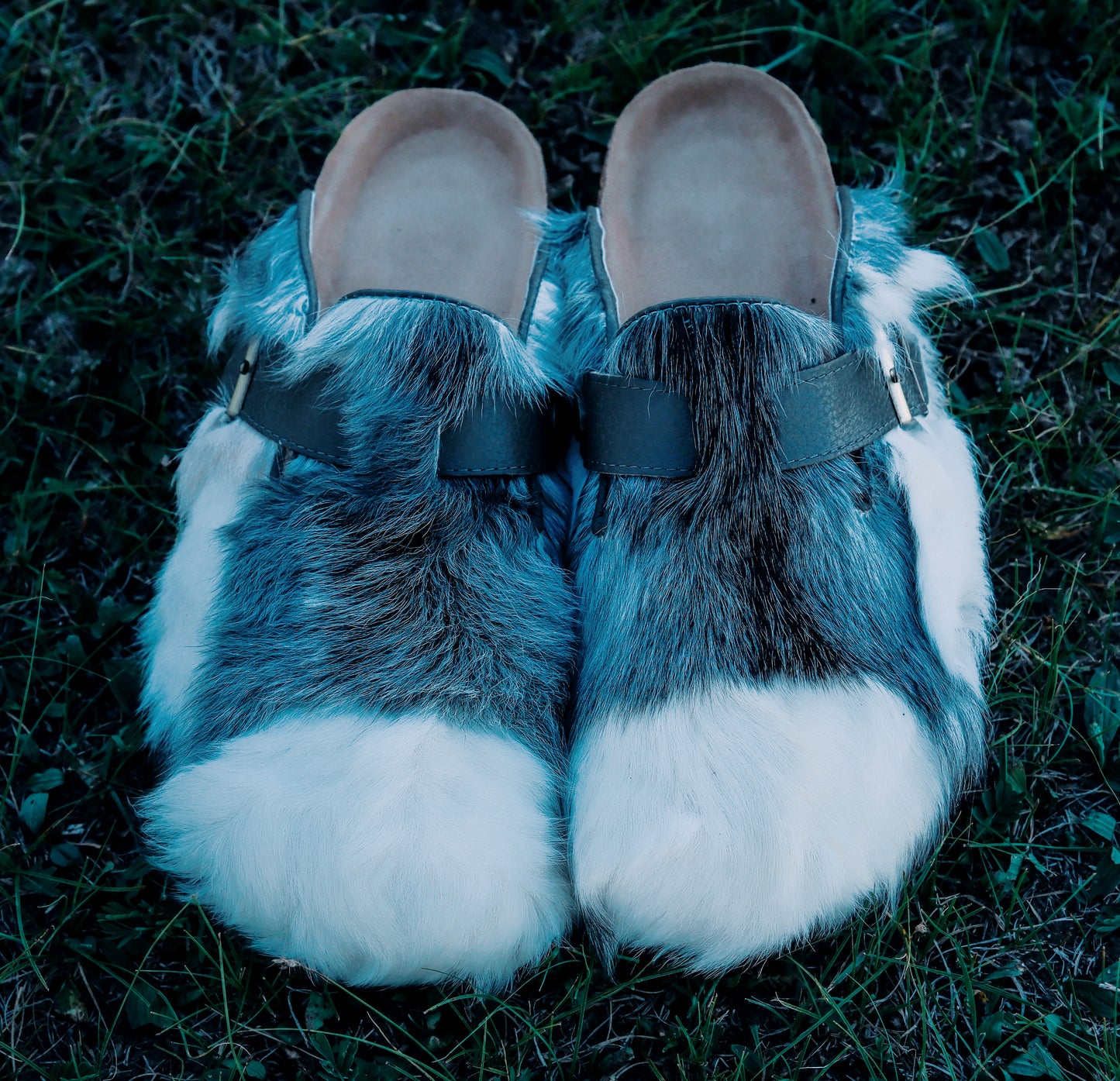 MOGSki handcrafted natural blue mink fur clogs product shot, luxury genuine fur footwear from Inner Mongolia top view
