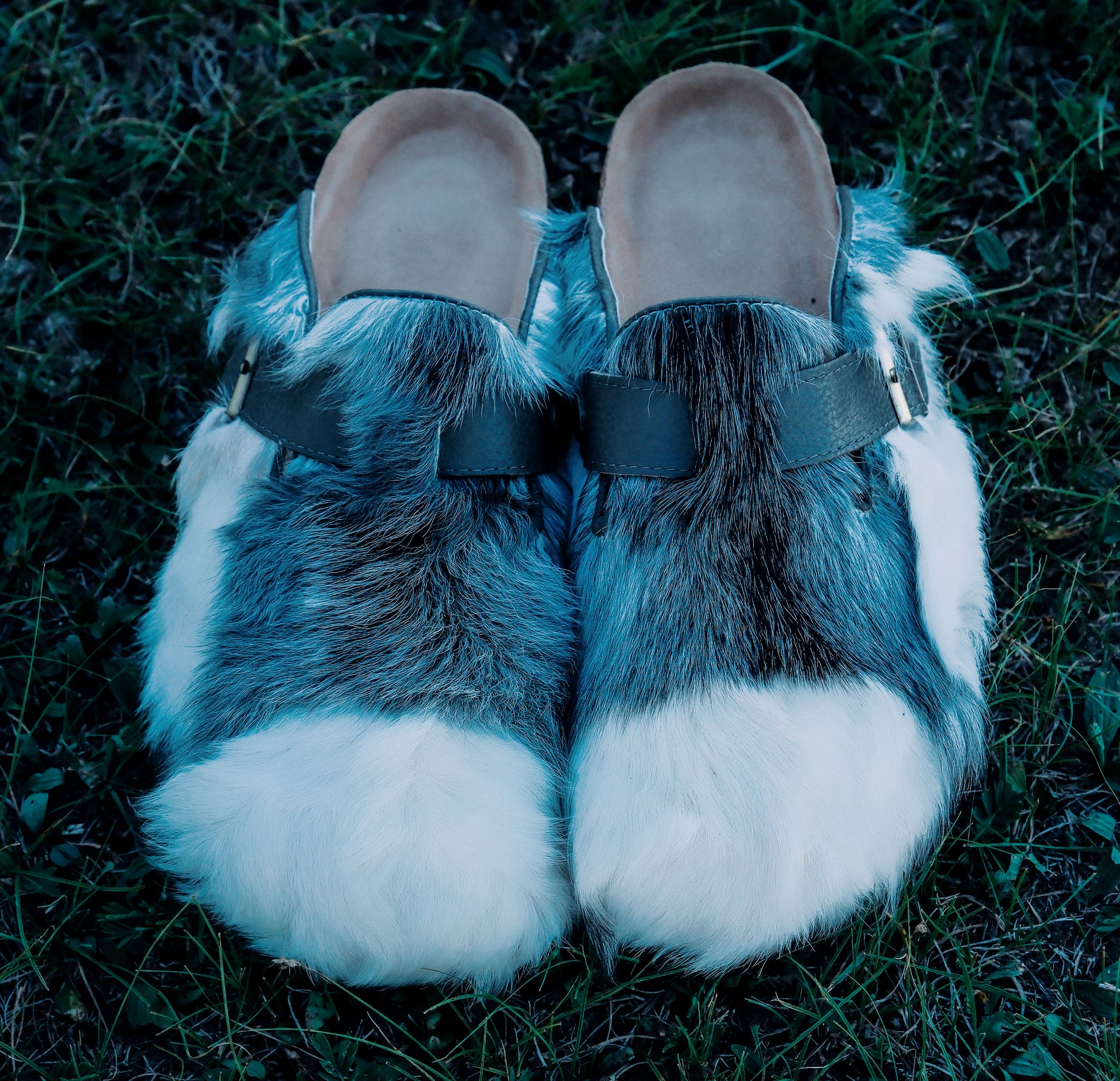MOGSki handcrafted natural blue mink fur clogs product shot, luxury genuine fur footwear from Inner Mongolia top view