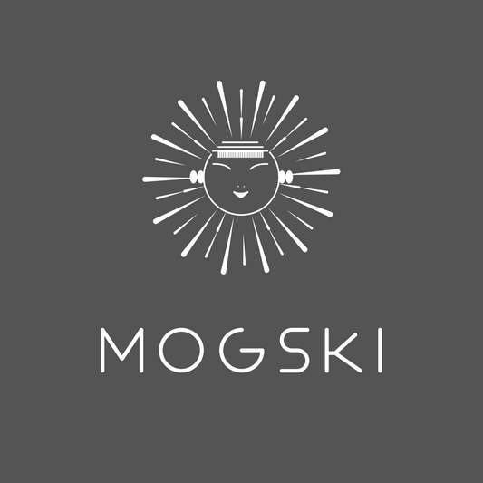 MOGSki brand logo on grey background, luxury handcrafted Mongolian fur and leather lifestyle brand Inner Mongolia