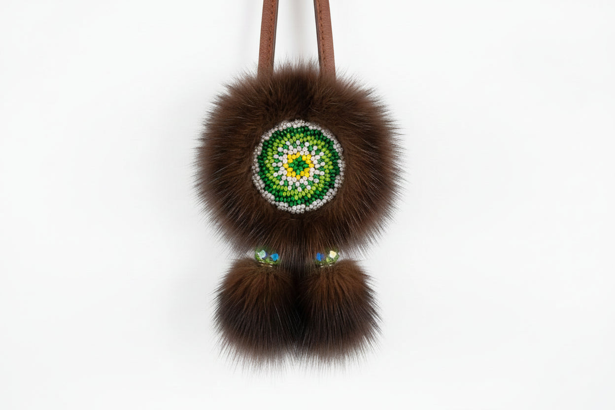 MOGSki handcrafted circular brooch with natural mink fur pompom and jade-style stone, luxury artisan jewelry Mongolia