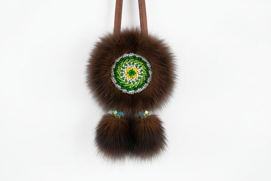 MOGSki handcrafted circular brooch with natural mink fur pompom and jade-style stone, luxury artisan jewelry Mongolia