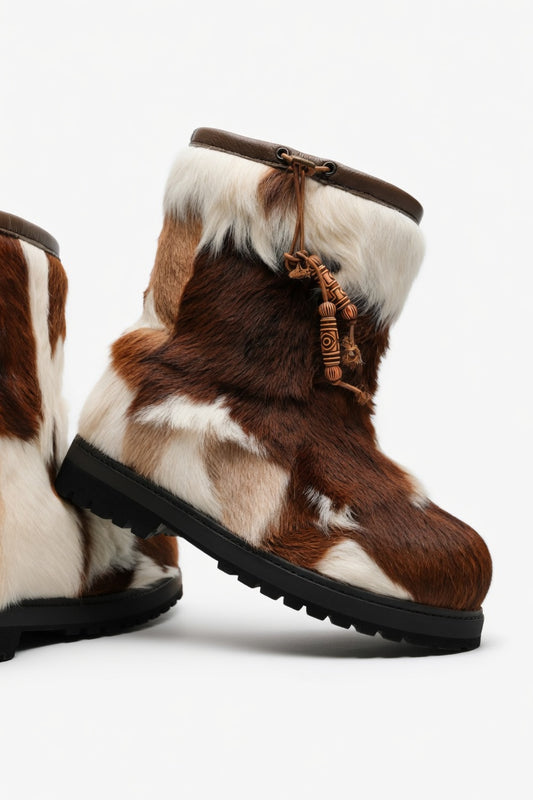 MOGSki natural cowhide ankle boots side view, genuine fur luxury winter footwear handmade by Mongolian artisans