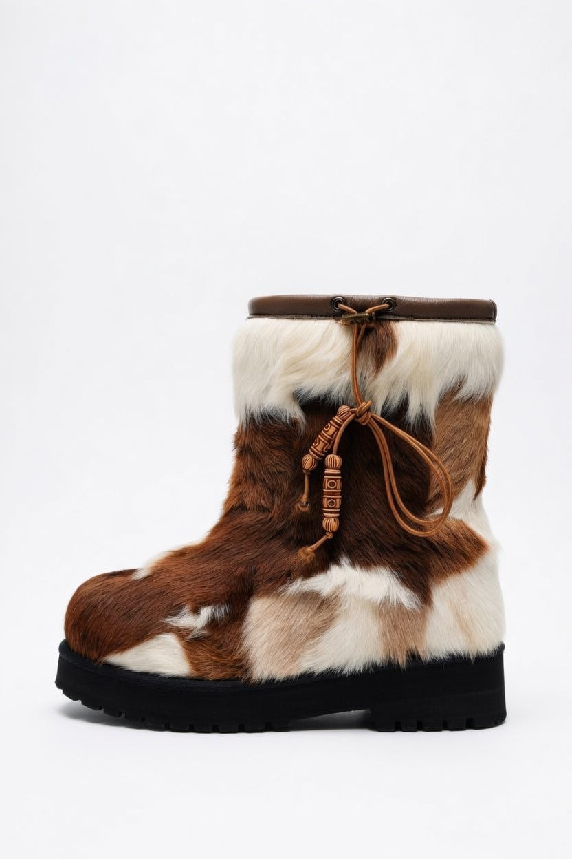 MOGSki cowhide fur boots with leather strap detail, natural undyed hide luxury footwear from Inner Mongolia
