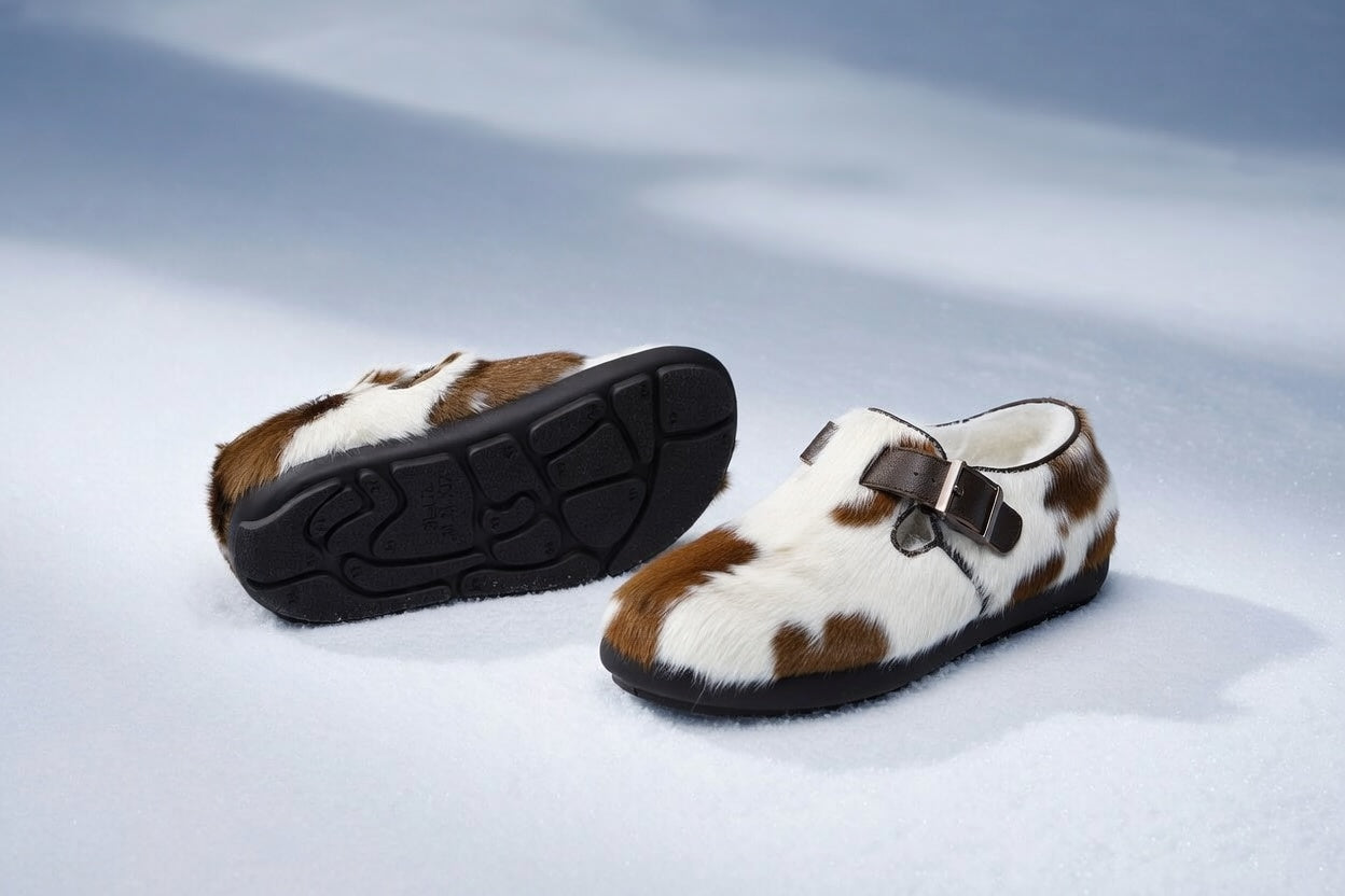 MOGSki natural cowhide fur slippers pair, unique natural pattern, handcrafted luxury indoor footwear from Inner Mongolia