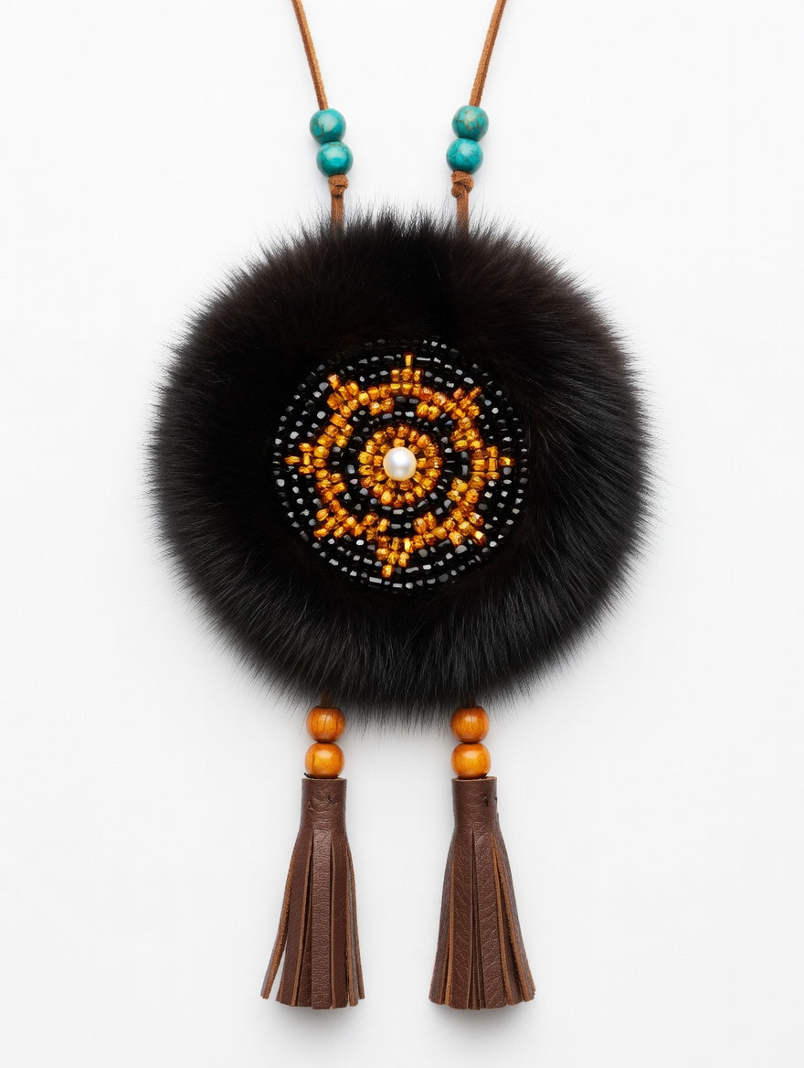 MOGSki handcrafted dark mink fur brooch with gold beaded Evenki mandala center, luxury artisan jewelry from Inner Mongolia