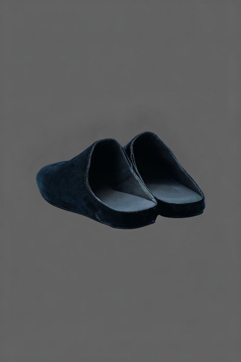 MOGSki handcrafted dark navy mink fur clogs product angle shot, luxury genuine fur footwear from Inner Mongolia