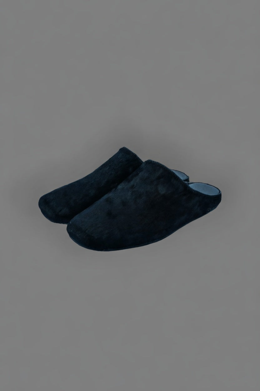 MOGSki handcrafted dark mink fur clogs product side angle, luxury genuine fur footwear from Inner Mongolia artisan made