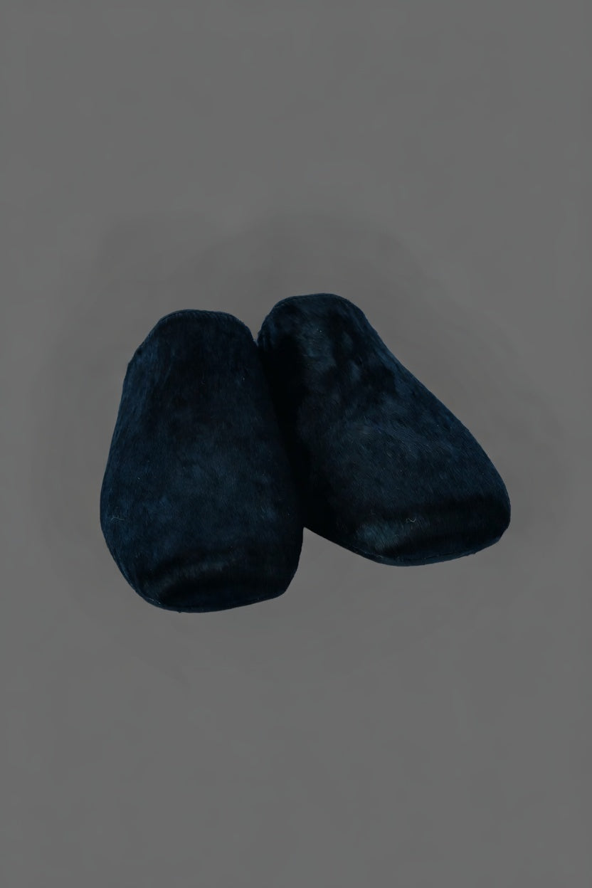 MOGSki natural dark mink fur clogs pair on grey background, luxury handcrafted genuine fur footwear from Inner Mongolia