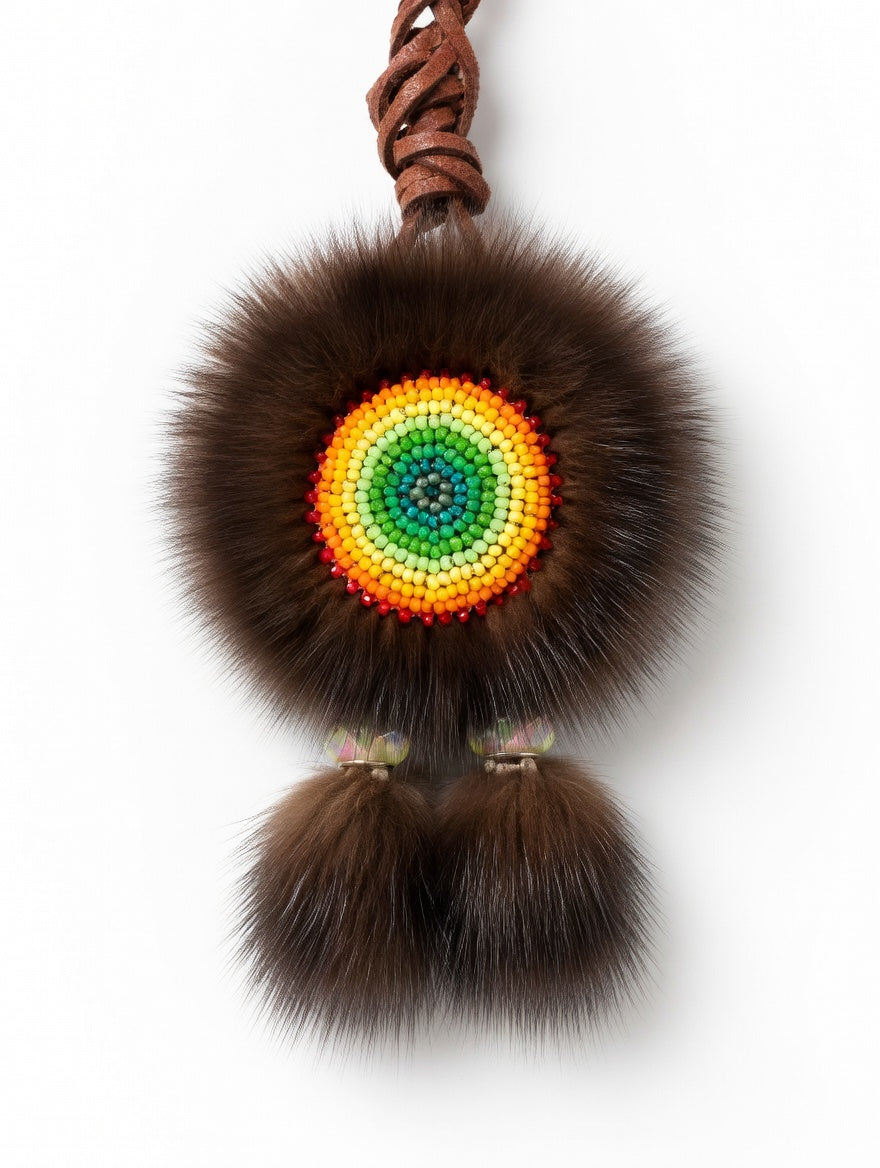 MOGSki handcrafted natural fox fur pompom brooch with hand-beaded Mongolian sunflower center, luxury artisan jewelry Inner Mongolia