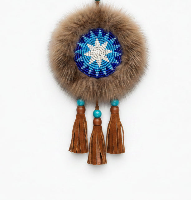 MOGSki handcrafted natural fur brooch with blue Evenki sunflower beadwork and feather drops, luxury artisan jewelry Mongolia