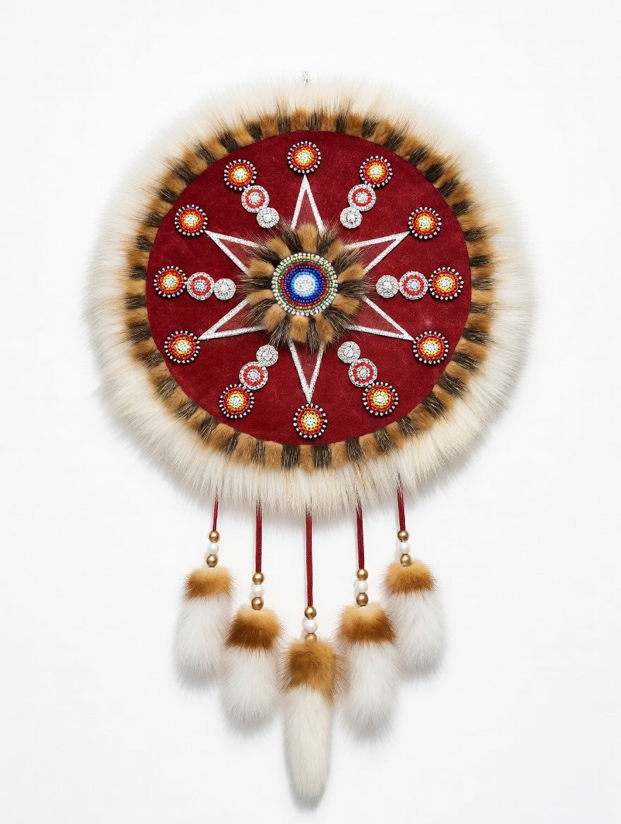 MOGSki handcrafted brooch with natural fur backing and red hand-beaded Mongolian mandala design, luxury artisan jewelry