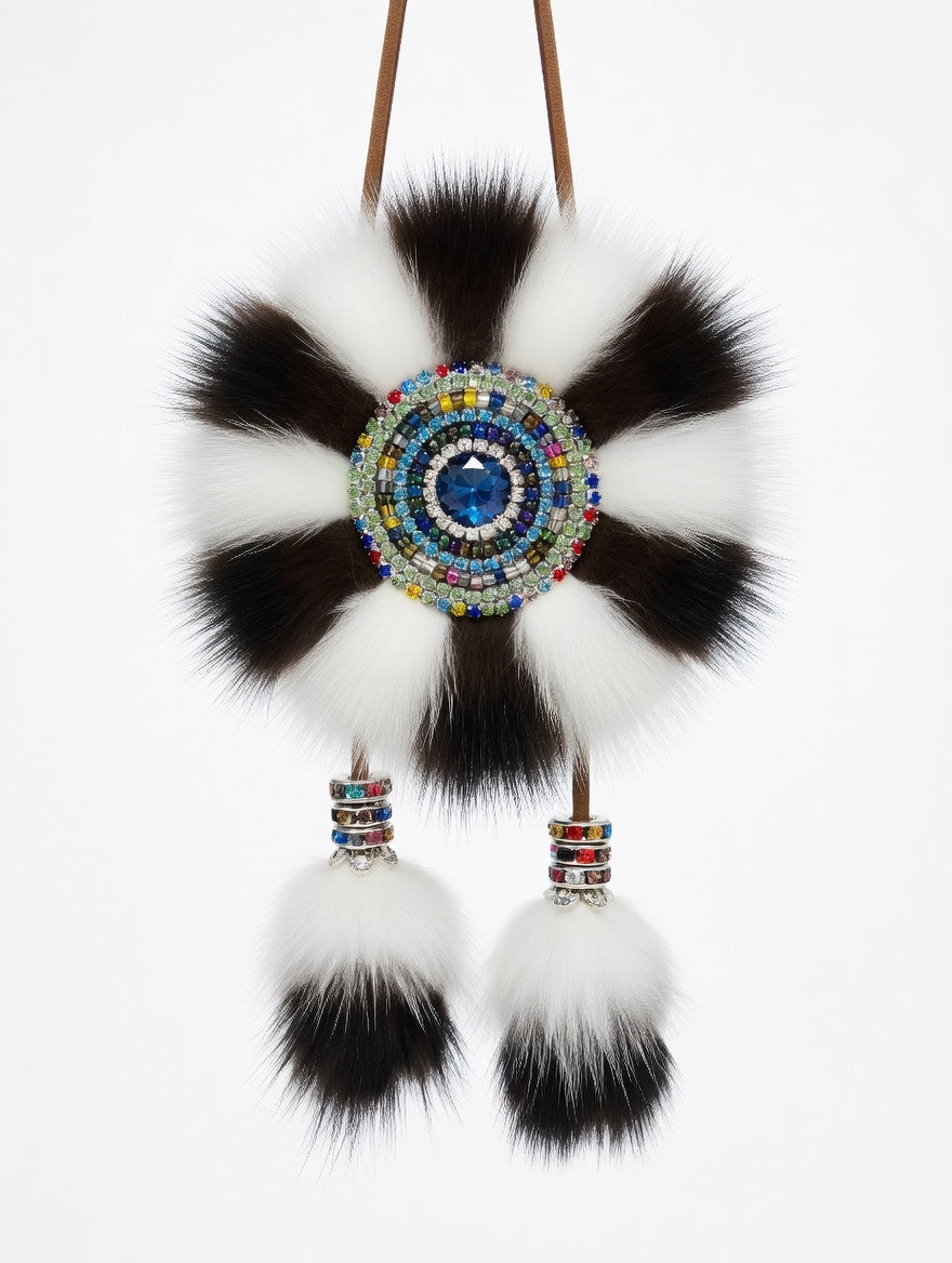 MOGSki natural fur and feather brooch with hand-beaded Mongolian sunflower motif, luxury artisan jewelry Inner Mongolia